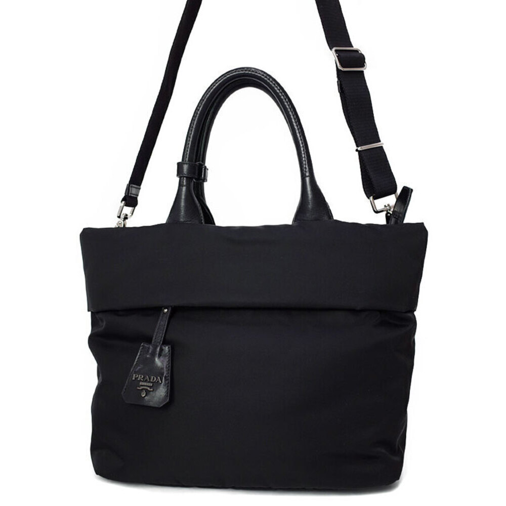 Prada Tessuto reversible tote bag leather logo tag shoulder strap Black